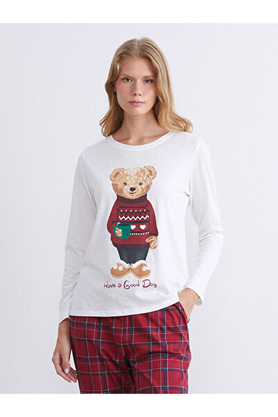 LC Waikiki Ekru Bisiklet Yaka Ayı Teddy Baskılı Kadın Pijama Üstü