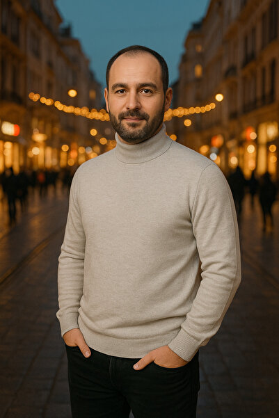 STYLENEST Men's Soft Textured Non-Pilling Beige Half Turtleneck Knit Sweater