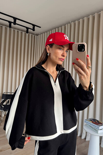 Sue Store Black and White Striped Detail Zippered Oversized Modal Tracksuit Set