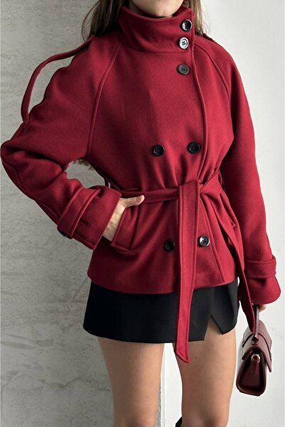 asyadabutik Women's Mock Neck Belted Short Lined Cashmere Coat