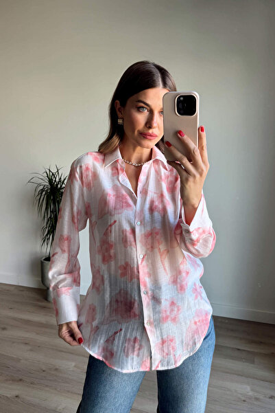 Sue Store Ecru Powder Floral Printed Silk Textured Shirt