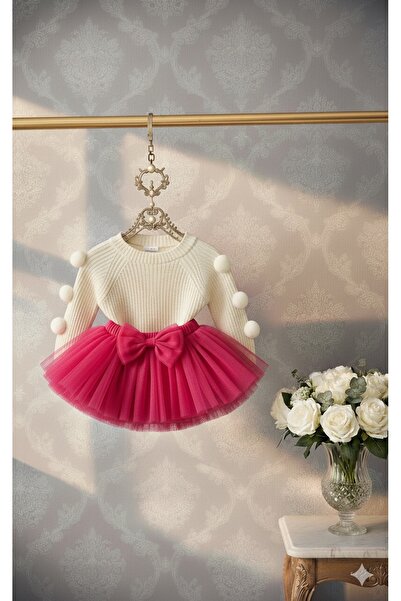 kokosh _ kidss burcu sapmaz Girl's pom-pom knit sweater and fuchsia tutu set.