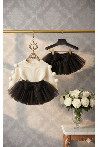 kokosh _ kidss burcu sapmaz Girl's Black Tutu and Pom-Pom Knit Sweater Set