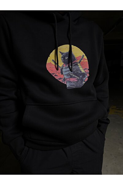 Unisex Kapşonlu Siyah Pamuklu Samuray Kedi Baskılı Sweatshirt