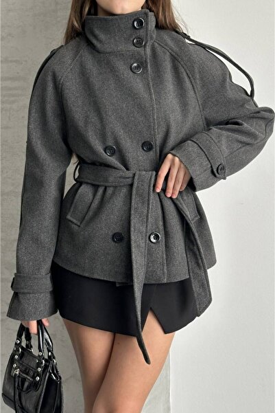 asyadabutik Women's Mock Neck Belted Short Lined Cashmere Coat