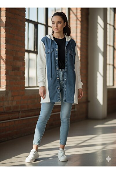 elika shop Kot Detaylı Uzun Kapüşonlu Sweatshirt