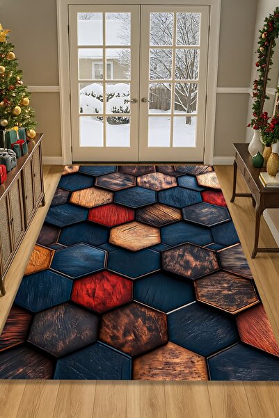 Kessy Home Studio Geometrik Petek Dijital Baskı Yıkanabilir Halı Kaymaz Taban...