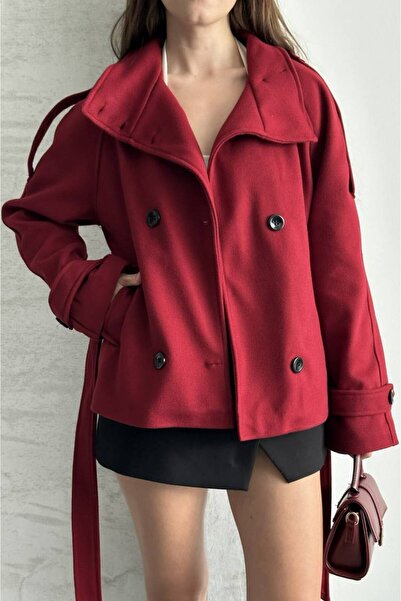 asyadabutik Women's Mock Neck Belted Short Lined Cashmere Coat