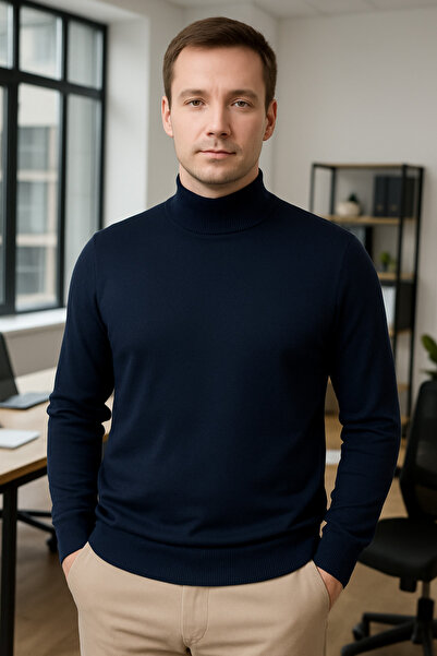 STYLENEST Men's Soft Textured Non-Pilling Navy Blue Half Turtleneck Knit Sweater