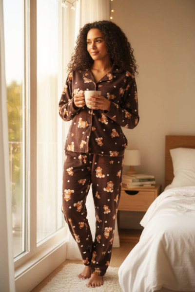 Star Fashion Women's pajamas with buttons, for winter, 100% microfiber, cheerful print