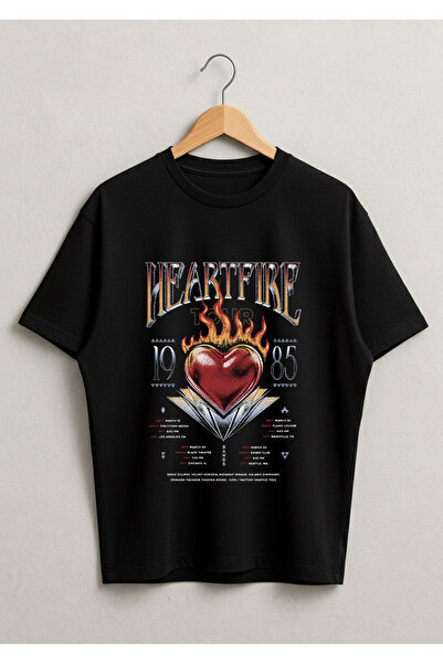 LORVEX Oversize kroj Unisex crna majica za odrasle – Heart Fire Štampano