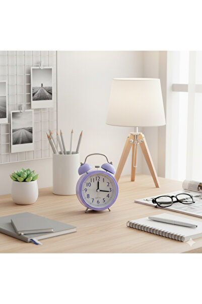 Livava Yuvarlak Masa Saati, Alarmlı ve Işıklı, Mor, 14x10