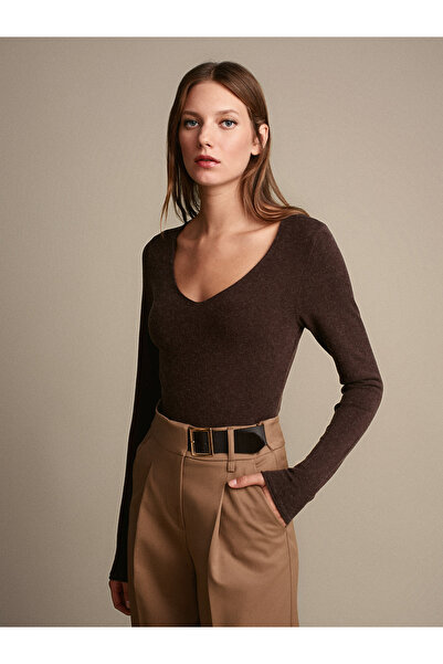 Dilvin 10842 V Yaka Kaşmir Karışımlı Triko Kazak-Kahve M.