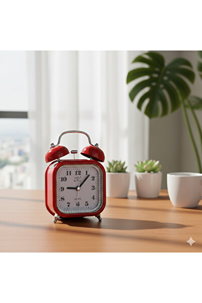 Livava Taşlı Kare Mini Metal Masa Saati, Alarmlı ve Işıklı, Kırmızı, 13x8
