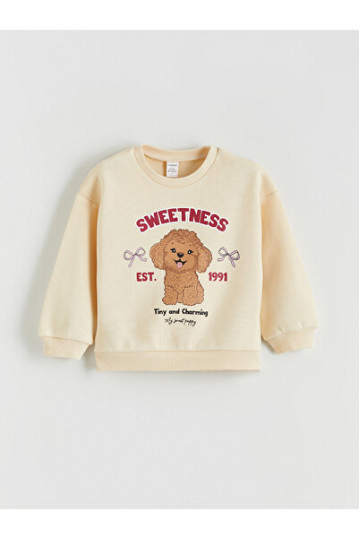 LC Waikiki Bej guler rotund cu imprimeu Hanorac gros pentru fete tricou