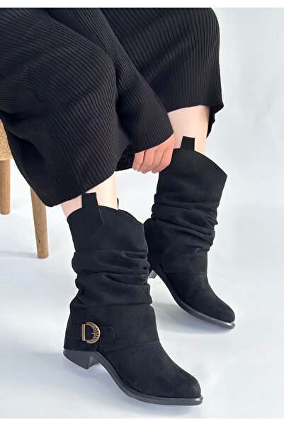 Zerenyus Canty Premium Black Suede Bellows Heeled Boots