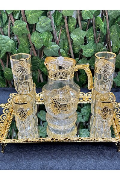 EVRA 7 Parça Sürahili Cam Bardak Seti Altın Yaldızlı