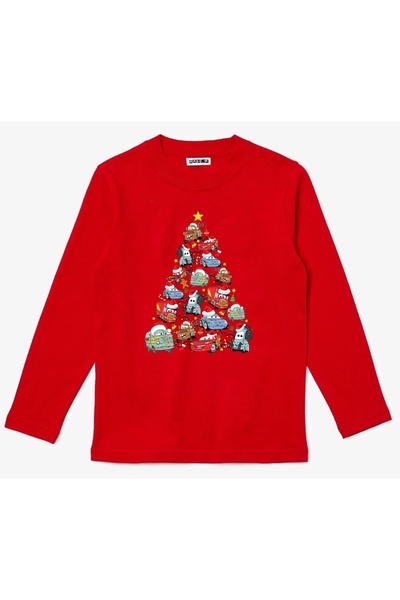 Efendioğlu Design Lighted Mcqueen from Cars Long Sleeve Christmas Tree Printed Cotton New Year Children's T-Shirt