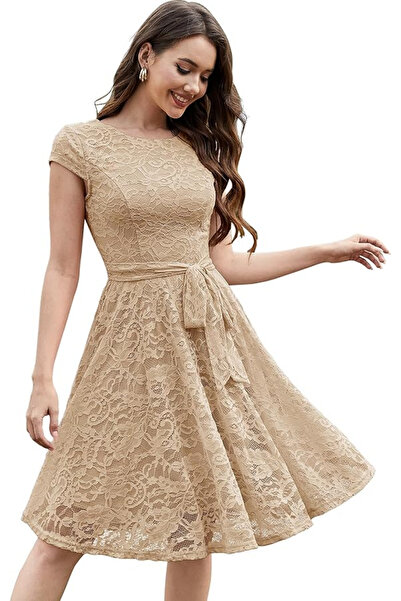 OEM Elegant knee-length dress, short sleeves, Cream XL