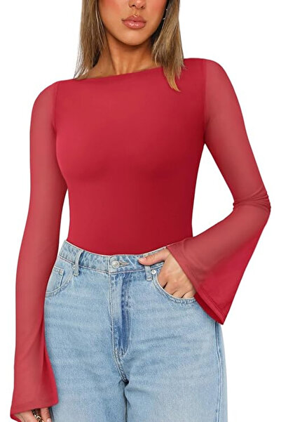OEM Bodycon blouse, long sleeve bodysuit for women, red XL
