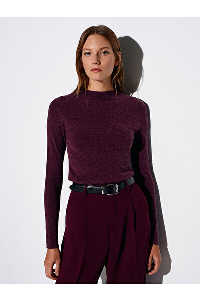 Dilvin 10841 Mock Neck Cashmere Blended Knitwear Sweater-Burgundy M.