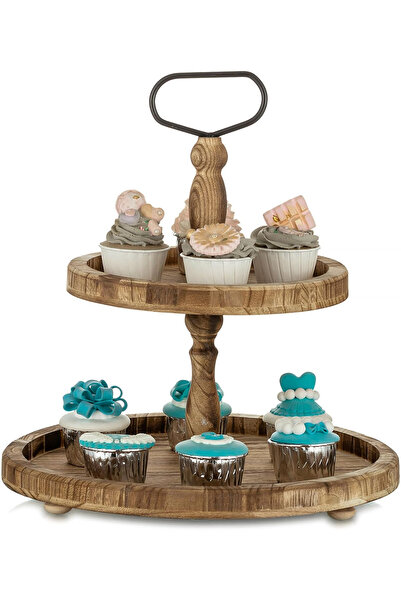 OEM Wooden serving stand, high edges and handle, 2 levels