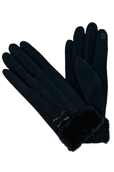 Sofist İstanbul Black Suede Look Bow Detailed Plush High-Waisted Soft Women's Gloves