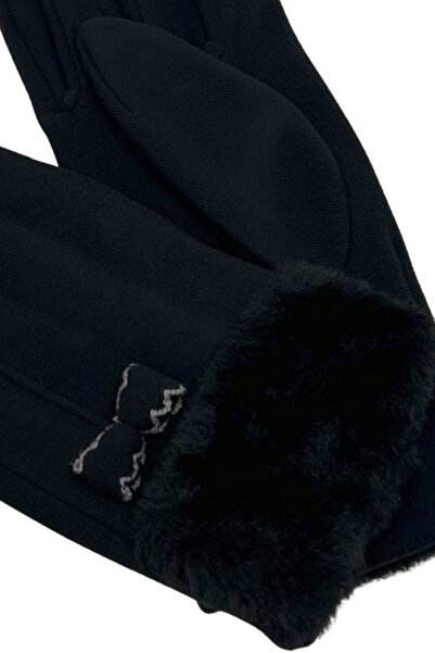 Sofist İstanbul Black Suede Look Bow Detailed Plush High-Waisted Soft Women's Gloves