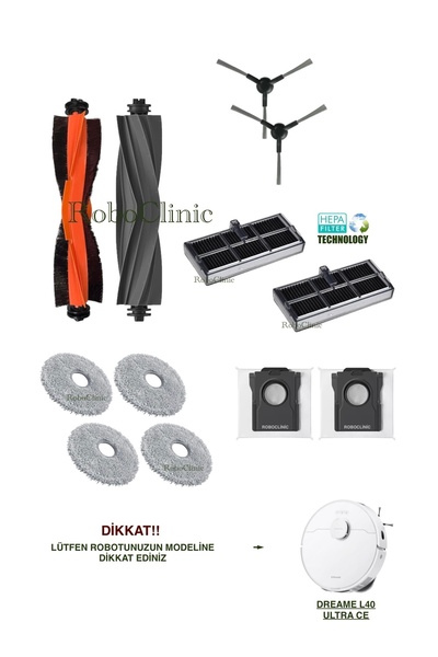 Roboclinic Dreame L40 Ultra Ce Robot Vacuum Cleaner Compatible Replacement Rubber and Brush, Dust Bag, Filter, Mop-12 Pieces