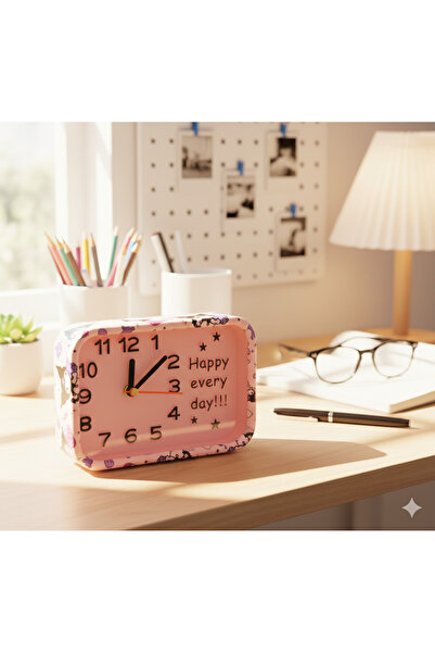 Livava Desenli Dikdörtgen Masa Saati, Pembe, 18x13