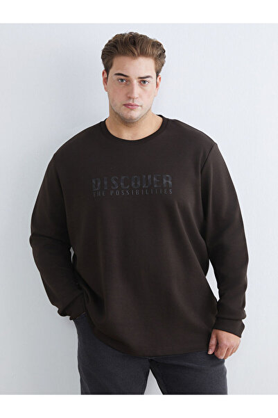 LC Waikiki Brown Plus Size Crew Neck Printed Men's Sweatshirt