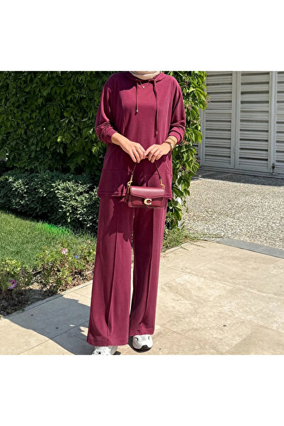 BZ BUTİK طقم نسائي مكون من قطعتين بغطاء للرأس باللون العنابي