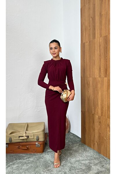 Nida Boutique Bel Draped Long Sleeve Crew Neck Knitted Crepe Dress with Accessory Detail