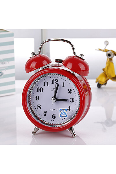 Livava Taşlı Yuvarlak Mini Metal Masa Saati, Alarmlı ve Işıklı, Kırmızı, 13x8