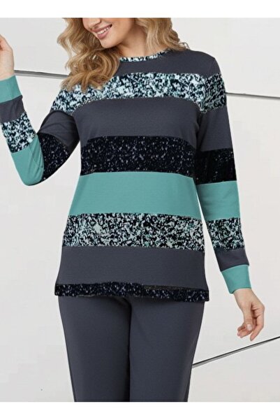 JANES Women's Long Sleeve Crew Neck Striped Pattern Two Thread Blouse and Pants Two-Piece Set