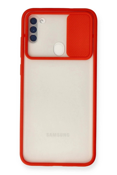 HarmonyAura Samsung Galaxy A11 Case Palm Frosted Camera Sliding Silicone - Red