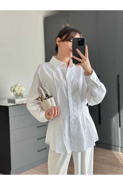 Tugen Co White Shirt with Pleated Detail and Fitted Waist