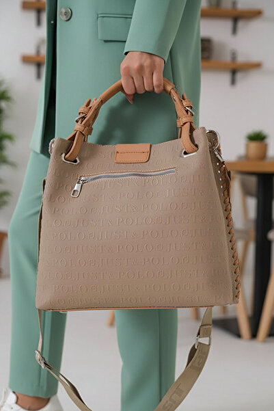 POLO CLUB Women's Beige Knitted Detailed 4-Compartment Shoulder Bag and Handbag (27X31 cm)