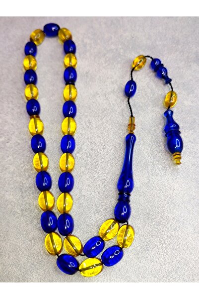 ŞAHBEY TESBİH Sari Lacivert Usta İşçilikli Ateş Kehribar Taraftar Tesbihi / B...