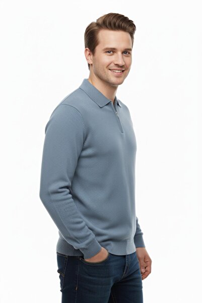 DYNAMO Men's Polo Neck Zippered Knitwear Sweater Regular Fit 7001 Bgl-St04921