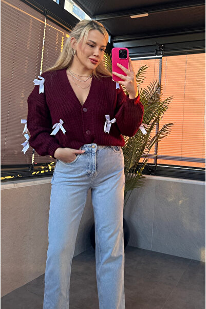 MİR STORE كارديجان باللون العنابي مع تفاصيل فيونكة