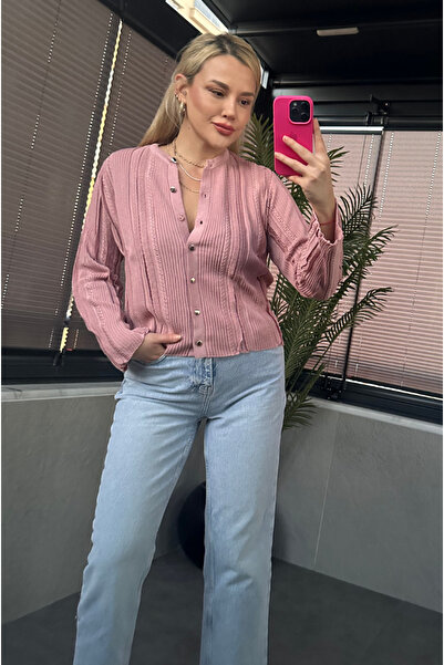 MİR STORE كارديجان تريكو وردي اللون مع تفاصيل منسوجة رقيقة ولامعة