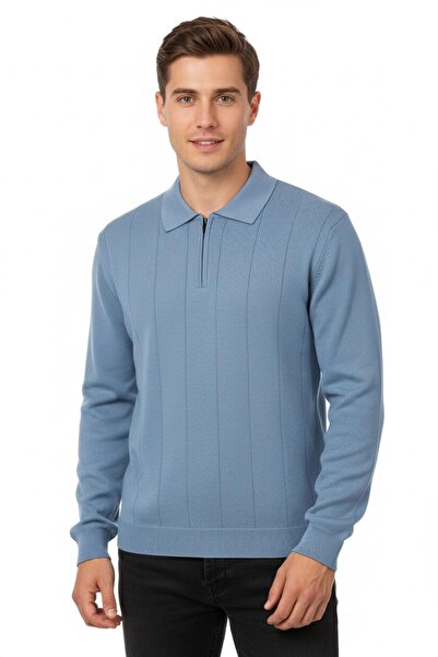 DYNAMO Men's Polo Neck Zippered Knitwear Sweater Regular Fit 7019 Bgl-St04922