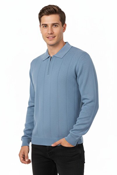 DYNAMO Men's Polo Neck Zippered Knitwear Sweater Regular Fit 7019 Bgl-St04922