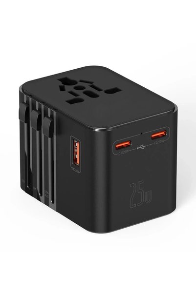 eco port 25w Evrensel Seyahat Adaptörü, Eu/us/uk/au Priz Dönüştürücü, 1x Usb, 2x Type-c Hızlı Şarj
