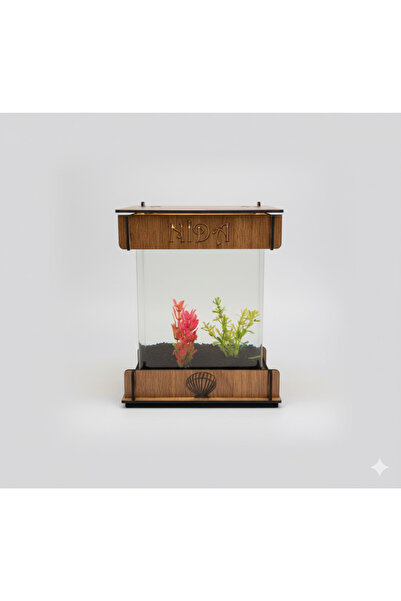 İKONİXPET Ahşap Mini Akvaryum Pleksi Beta Balık Fanusu Işıklı Masa Üstü Dekoratif Balık Akvaryumu