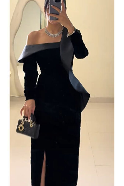 diarafashionsa ​​فستان سهرة مخمل بياقة مُنحوتة شانطون