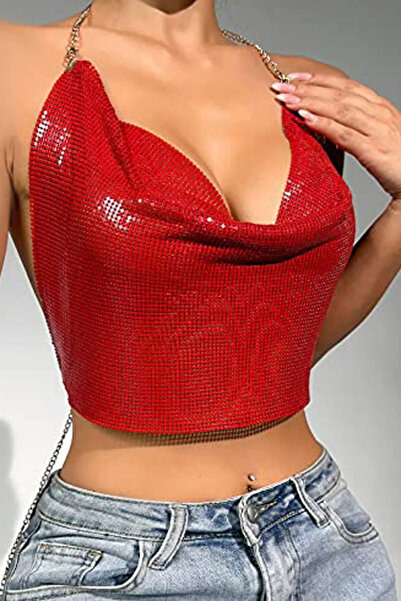 libescarf Crystal Red Stone Shiny Crop & Blouse Sleeveless Boat Neck Party Beach Bustier
