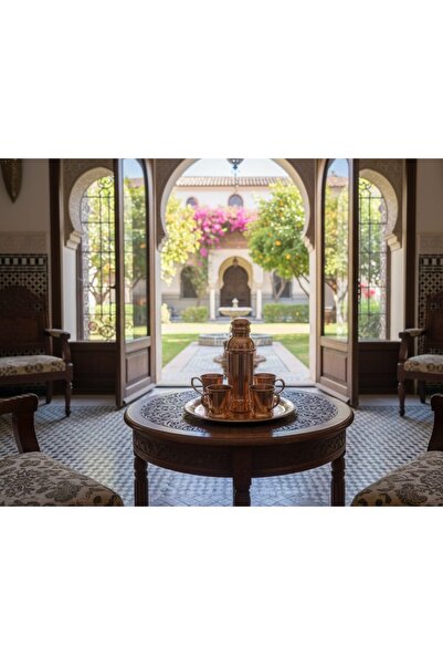 Kanka Premium genuine red copper drink set, 6 pieces: insulating bottle (hot and cold), 4 cups of different sizes, and an engraved copper tray.