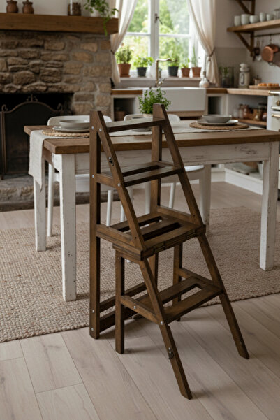 mutfy Ahşap 4 Basamak Merdiven - Portatif Demonte ve Ergonomik Ev Tipi Sandalye Merdiven